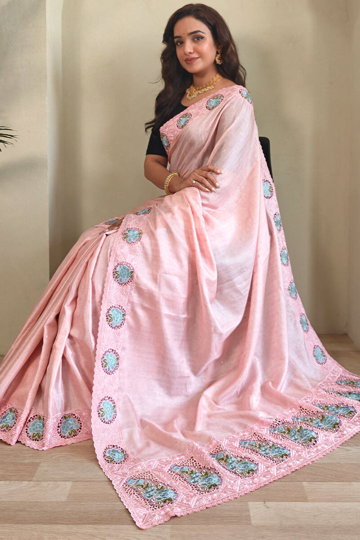 Carousel Pink Cutwork Embroidered Tussar Silk Saree