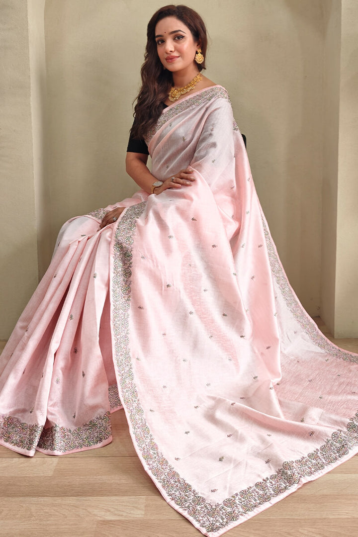 Carousel Pink Embroidered Pure Loom Tussar Silk Saree