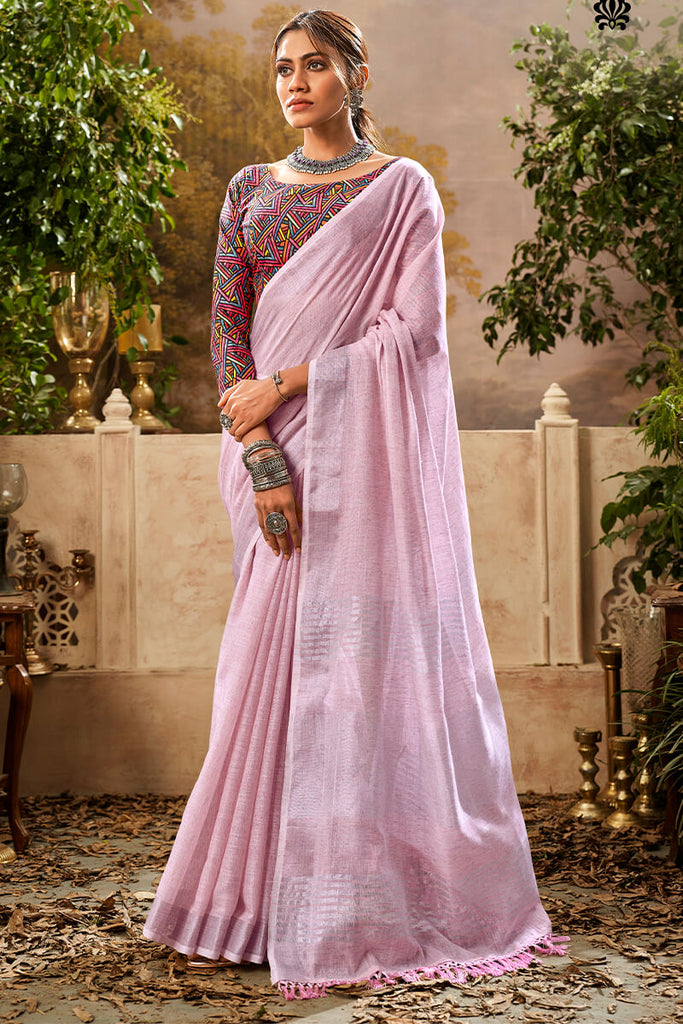 Carousel Pink Linen Cotton Silk Saree With Printed Blouse