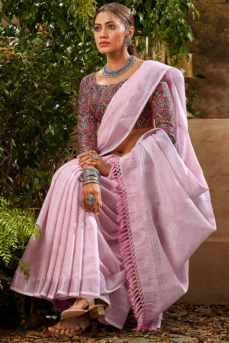 Carousel Pink Linen Cotton Silk Saree With Printed Blouse