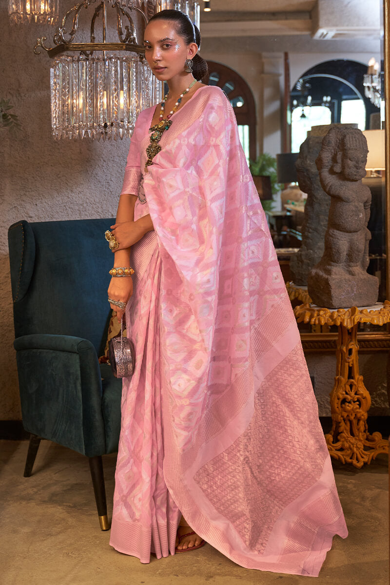 Carousel Pink Zari Woven Linen Silk Saree