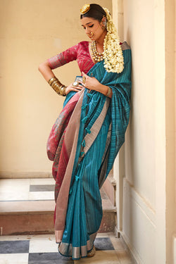 Casal Blue Linen Tussar Silk Saree