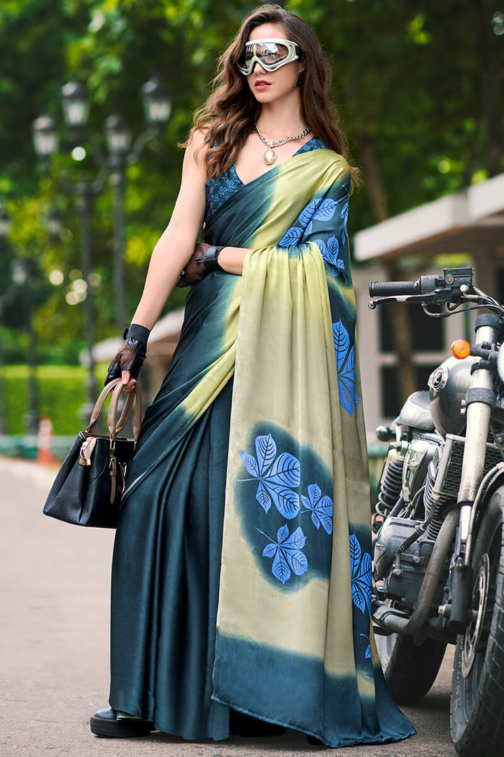 Casal Blue Printed Satin Crape Silk Saree