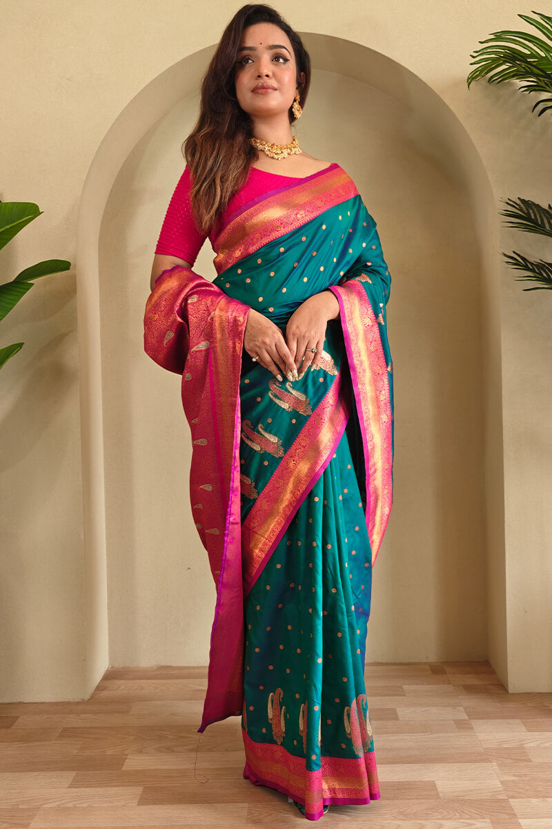 Casal Green Zari Woven Banarasi Soft Silk Saree