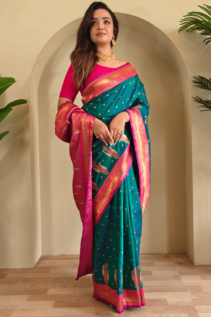 Casal Green Zari Woven Banarasi Soft Silk Saree