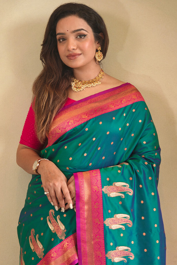 Casal Green Zari Woven Banarasi Soft Silk Saree