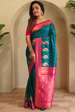 Casal Green Zari Woven Banarasi Soft Silk Saree