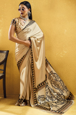 Cashmere Beige Ajrakh Printed Satin Silk Saree