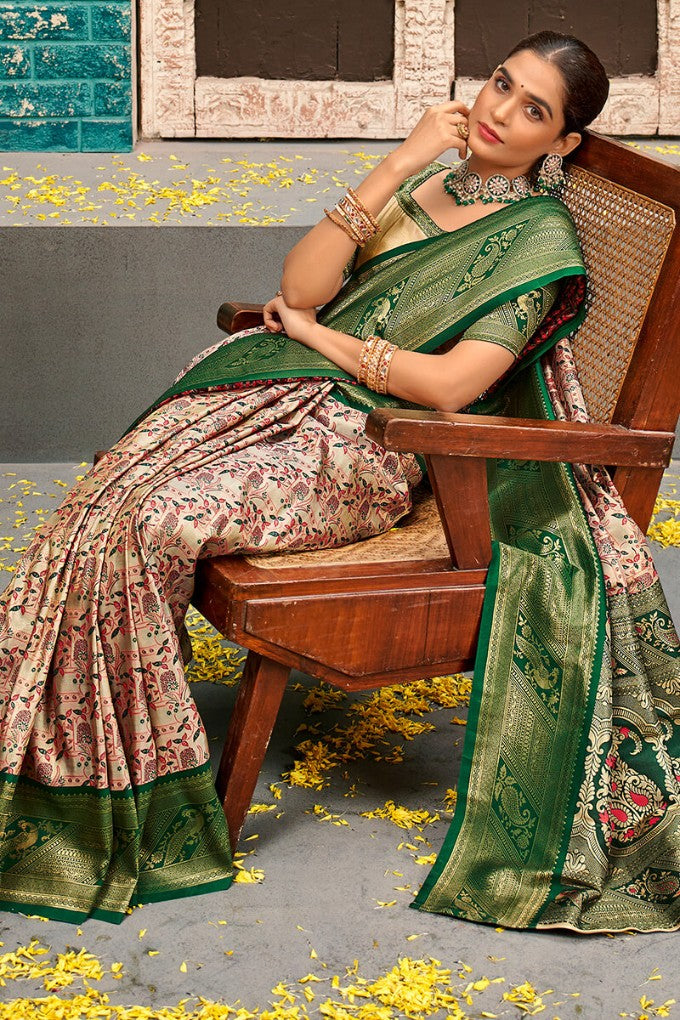 Cashmere Beige and Green Zari Woven Kanjivaram Silk Saree