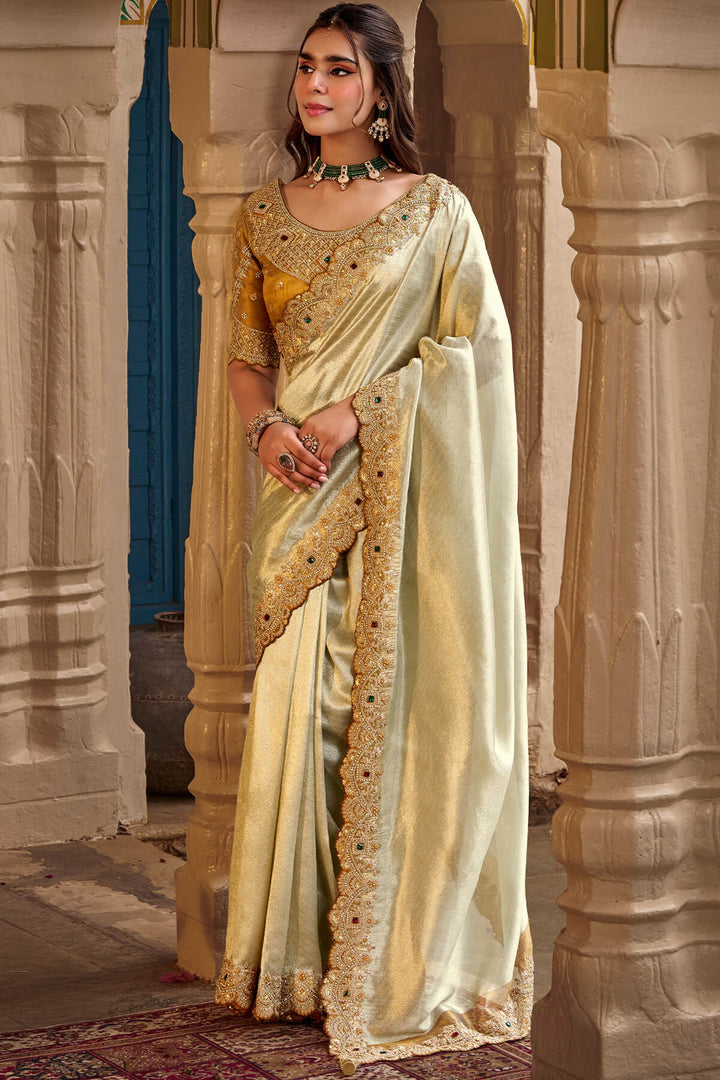 Cashmere Beige Hand Work Viscose Saree with Stiched Blouse