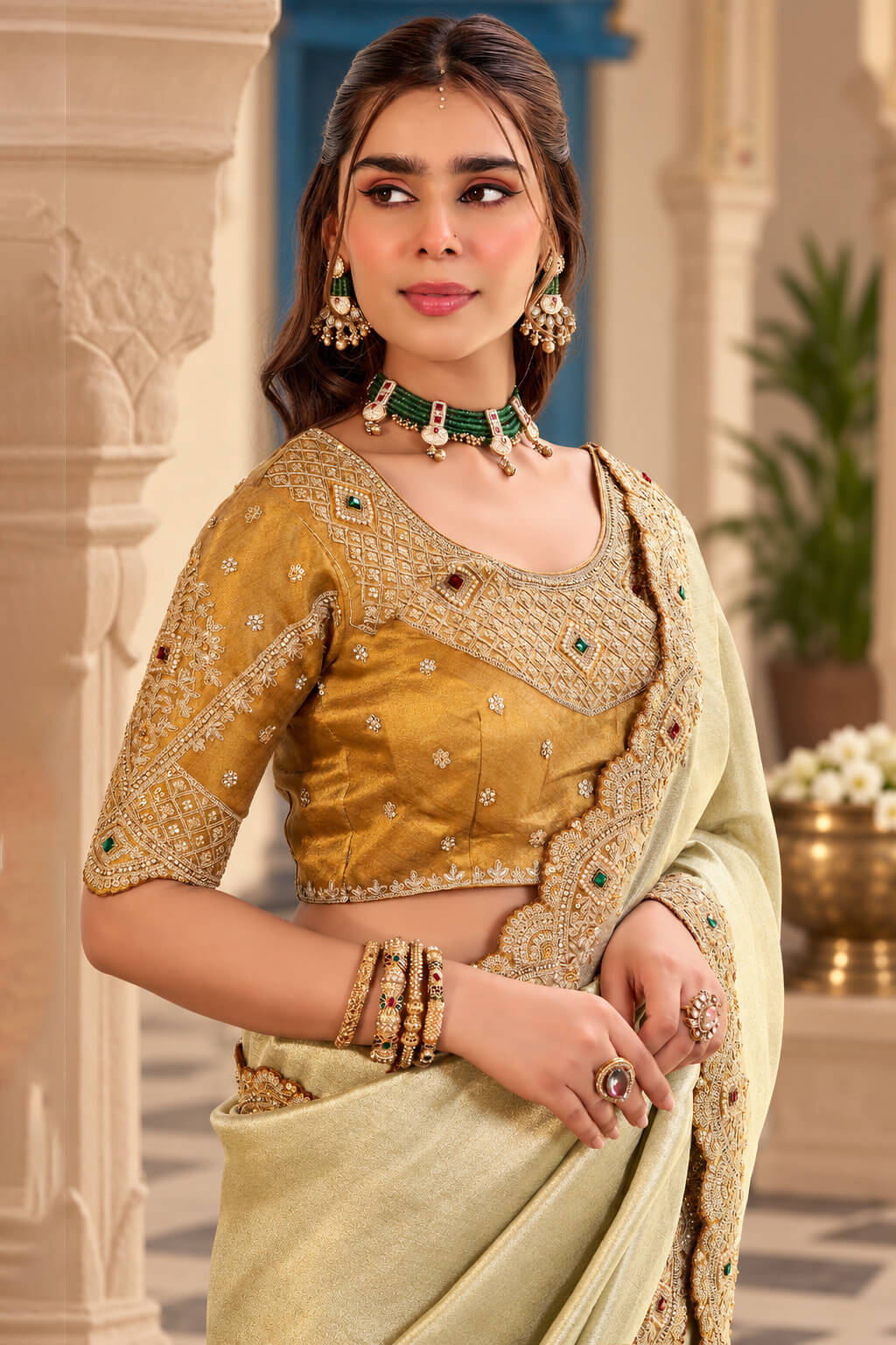 Cashmere Beige Hand Work Viscose Saree with Stiched Blouse
