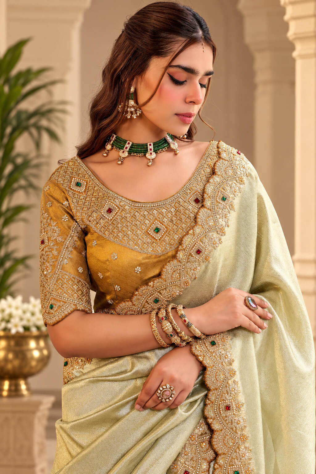 Cashmere Beige Hand Work Viscose Saree with Stiched Blouse