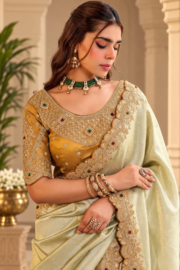 Cashmere Beige Hand Work Viscose Saree with Stiched Blouse