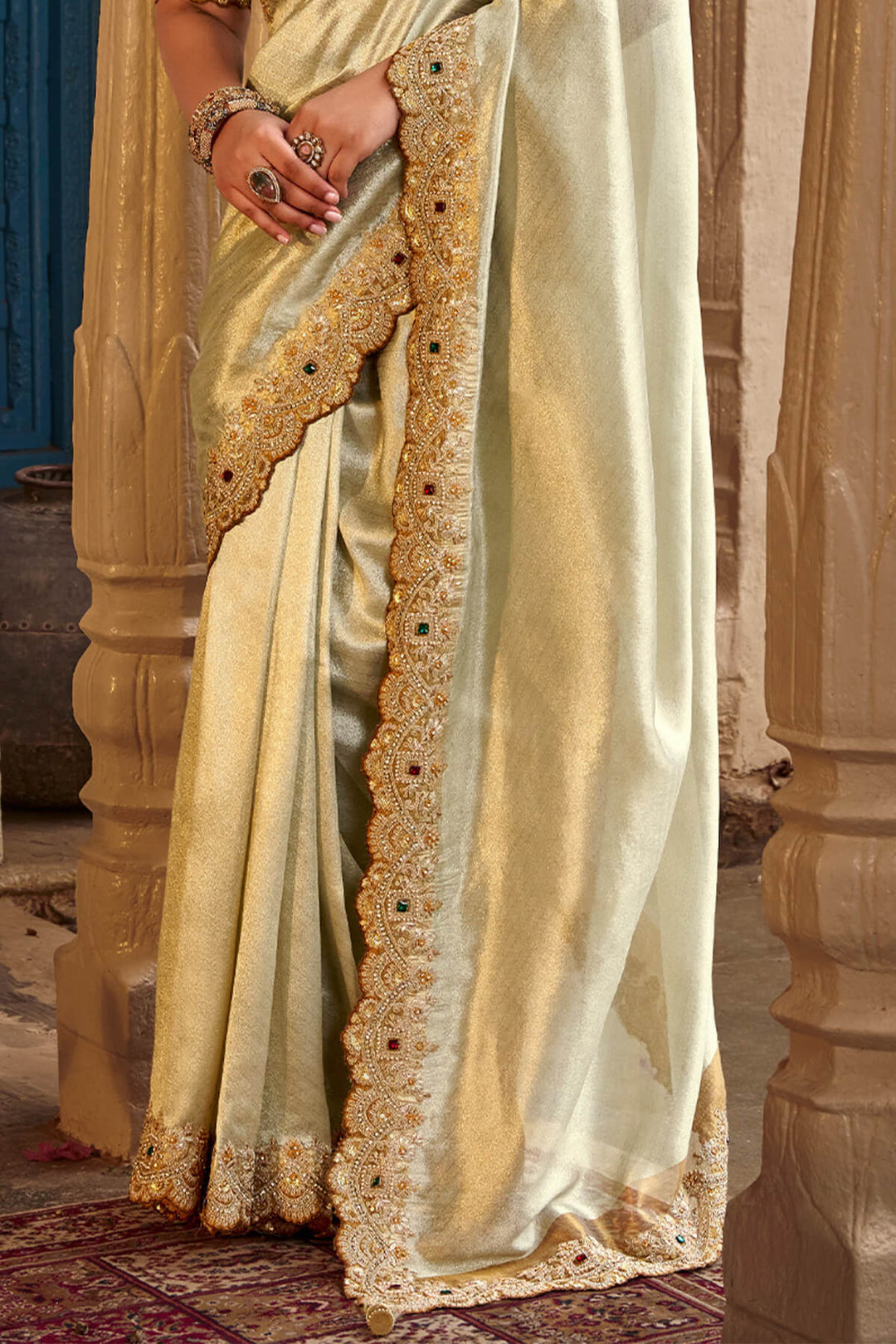 Cashmere Beige Hand Work Viscose Saree with Stiched Blouse