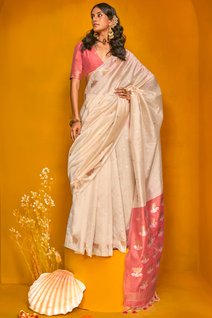 Cashmere Beige Handloom Tussar Silk Saree