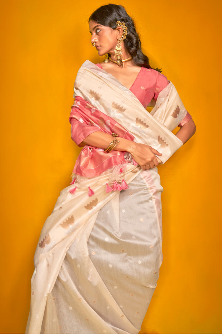 Cashmere Beige Handloom Tussar Silk Saree