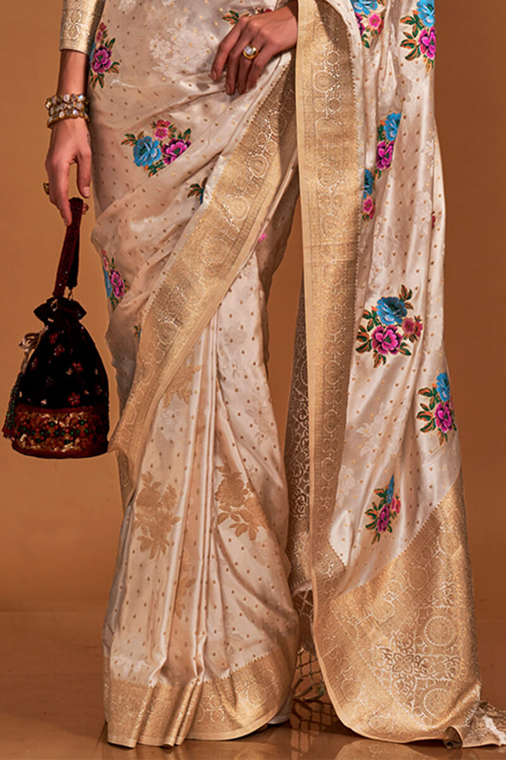 Cashmere Beige Handloom Woven Satin Silk Saree