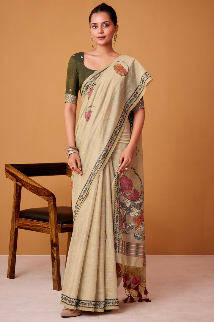 Cashmere Beige Jamdani Cotton Silk Saree