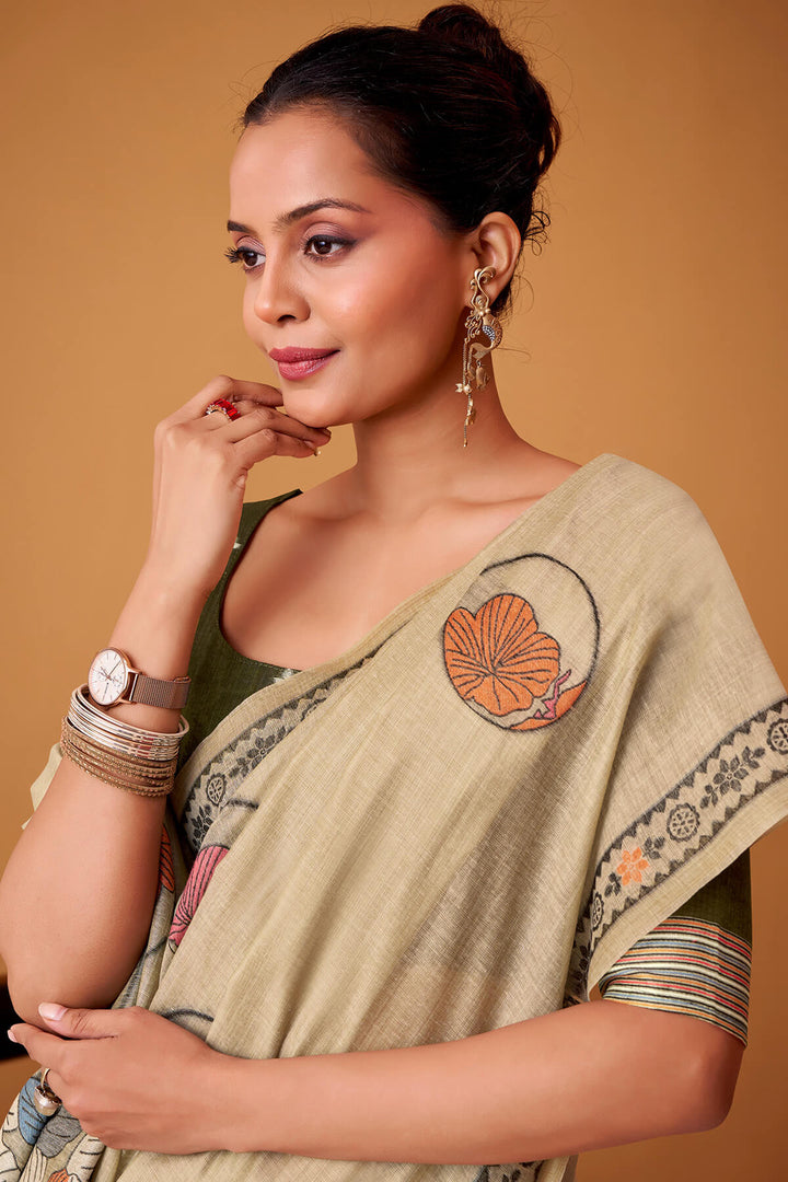 Cashmere Beige Jamdani Cotton Silk Saree