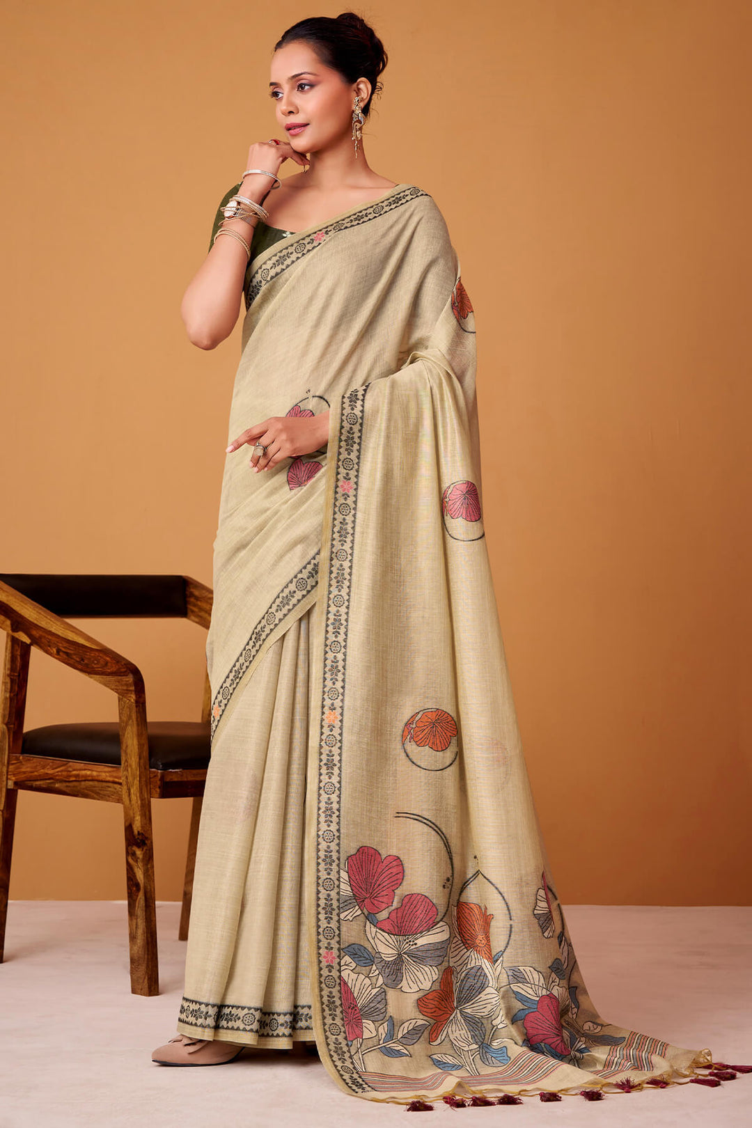 Cashmere Beige Jamdani Cotton Silk Saree