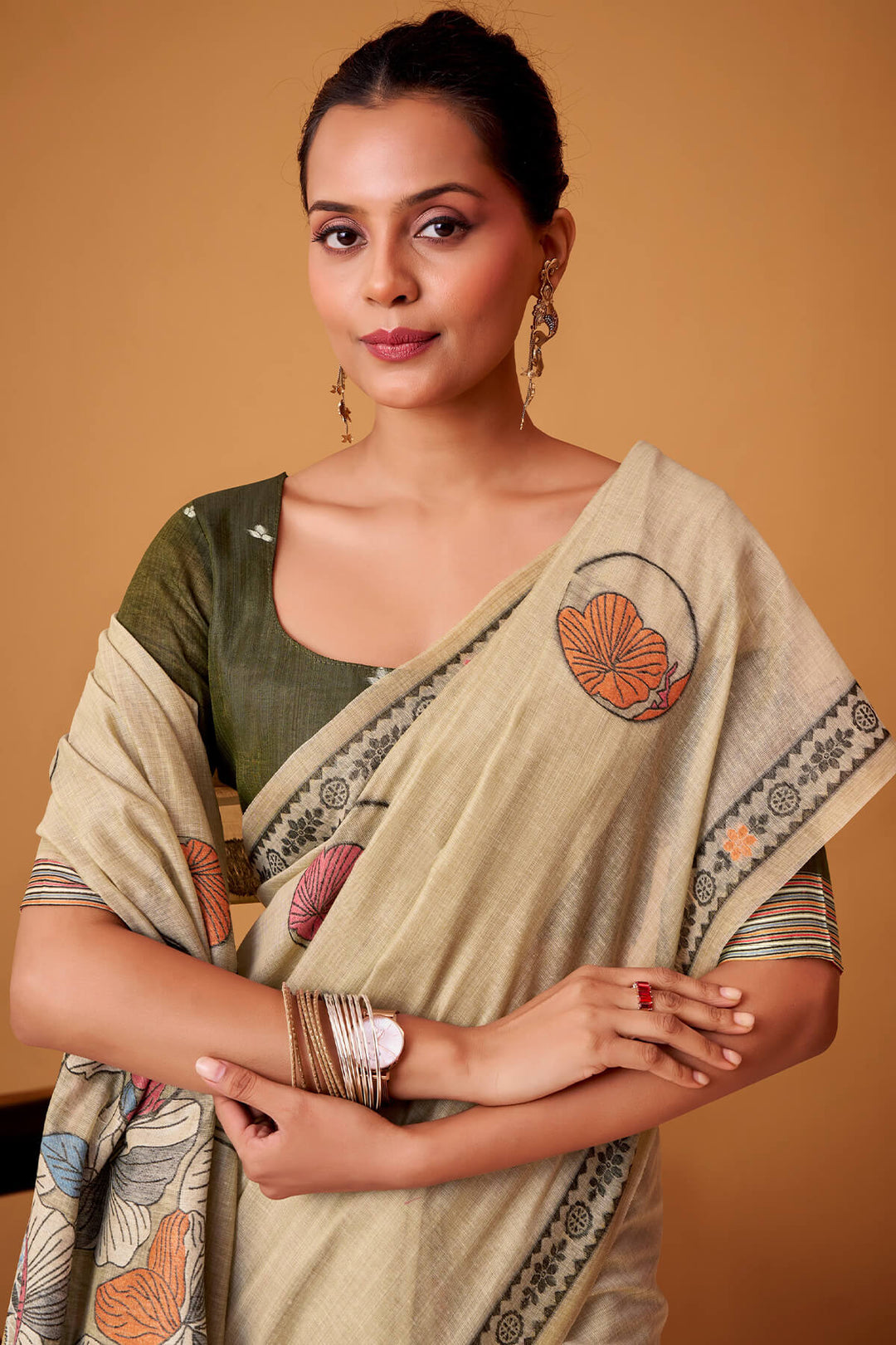 Cashmere Beige Jamdani Cotton Silk Saree