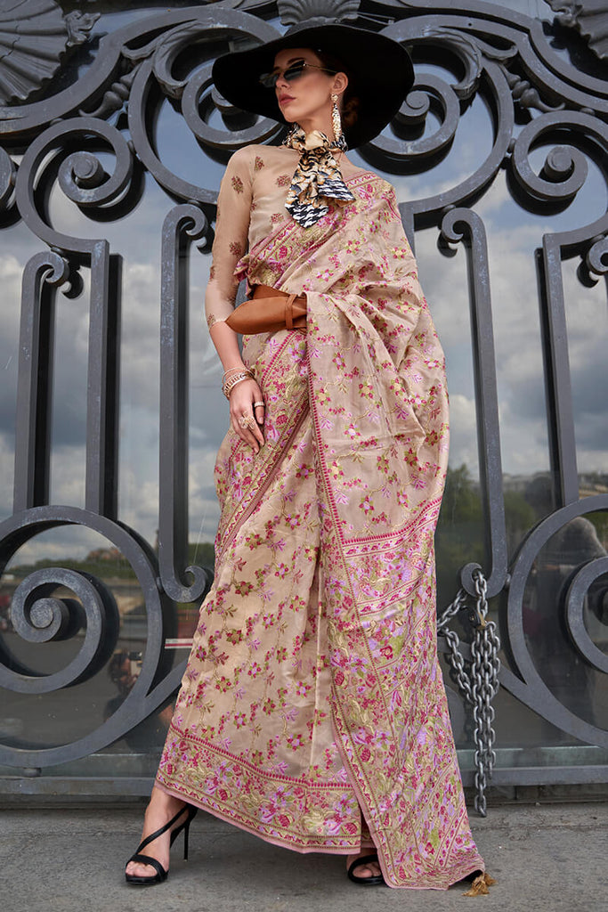 Cashmere Beige Kashmiri Weaving Organza Silk Saree