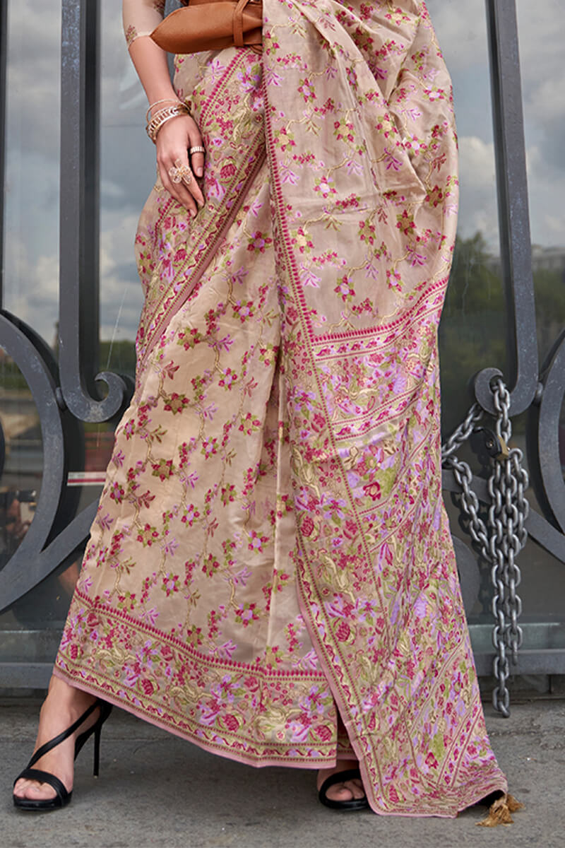 Cashmere Beige Kashmiri Weaving Organza Silk Saree