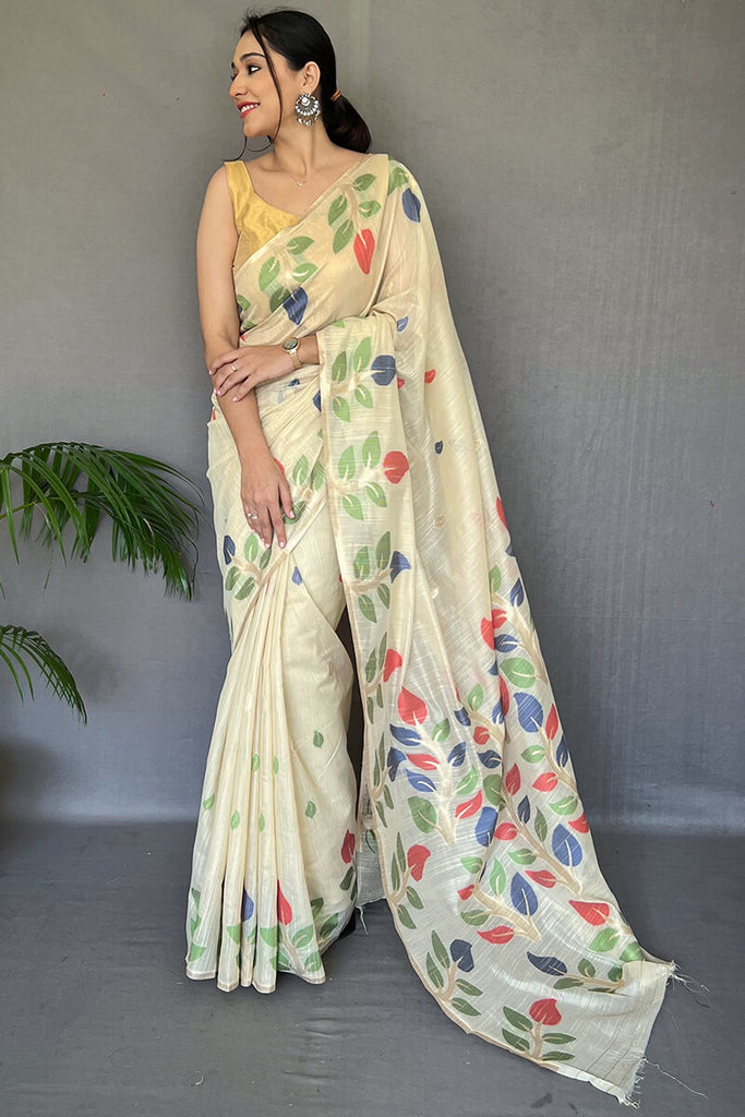 Cashmere Beige Linen Silk Saree