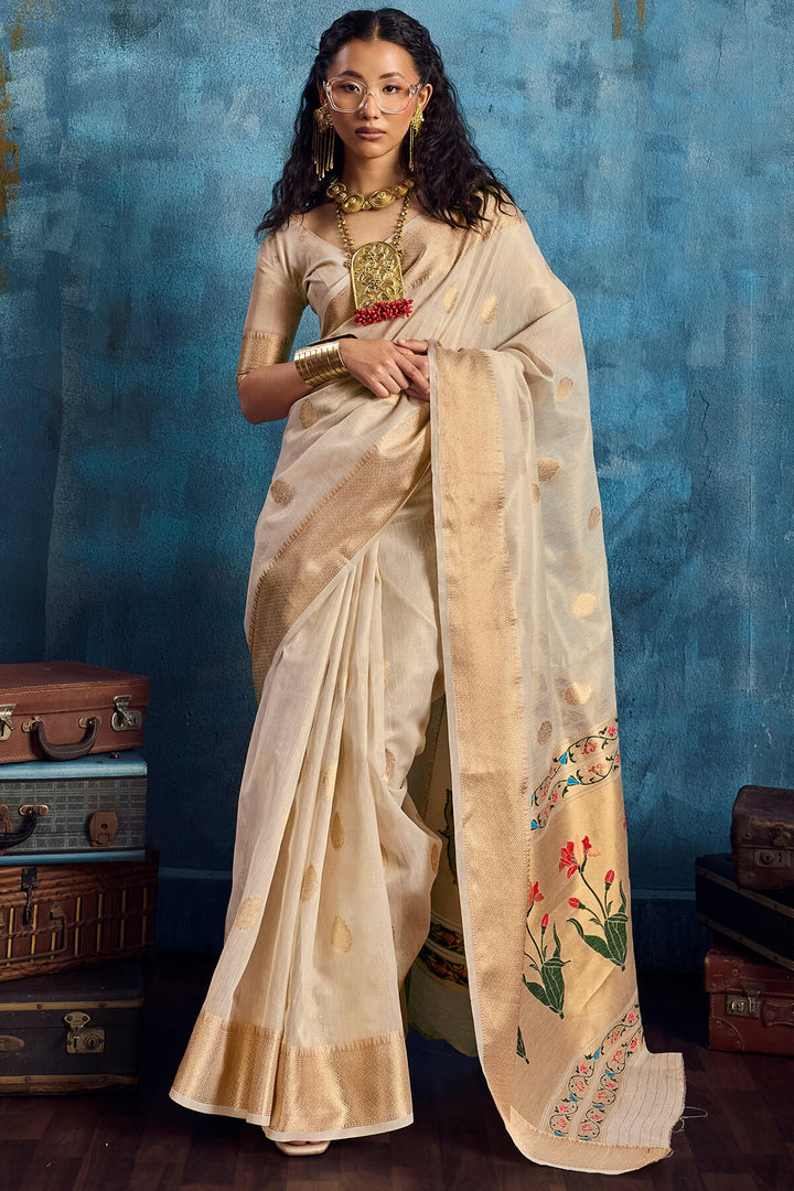 Cashmere Beige Paithani Tissue Silk Saree
