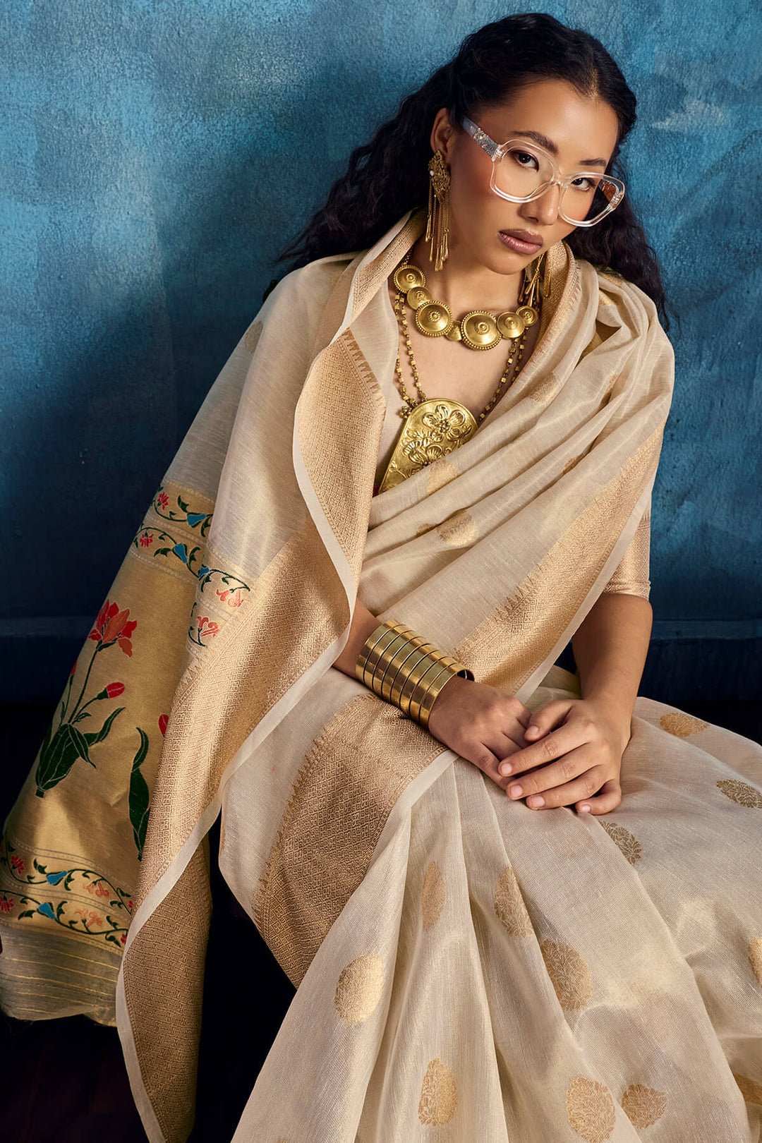 Cashmere Beige Paithani Tissue Silk Saree