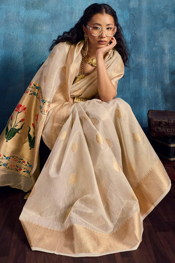 Cashmere Beige Paithani Tissue Silk Saree