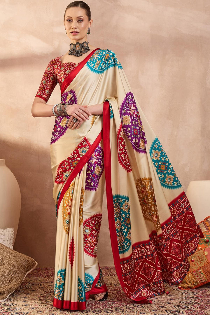 Cashmere Beige Printed Satin Silk Saree