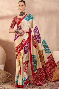 Cashmere Beige Printed Satin Silk Saree