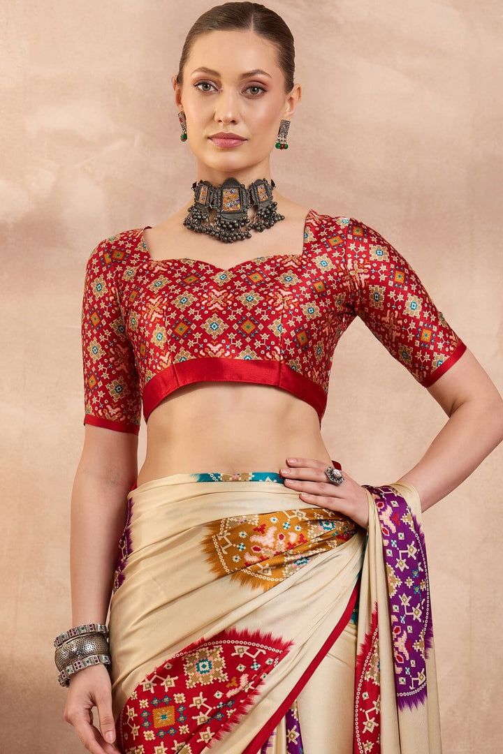 Cashmere Beige Printed Satin Silk Saree