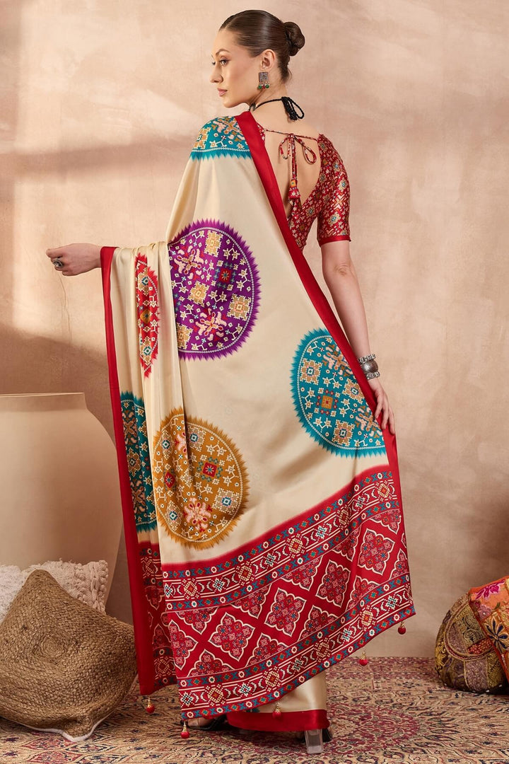 Cashmere Beige Printed Satin Silk Saree