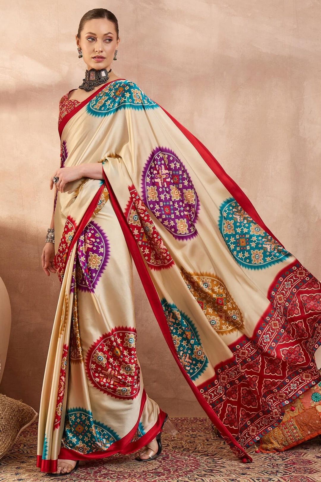 Cashmere Beige Printed Satin Silk Saree