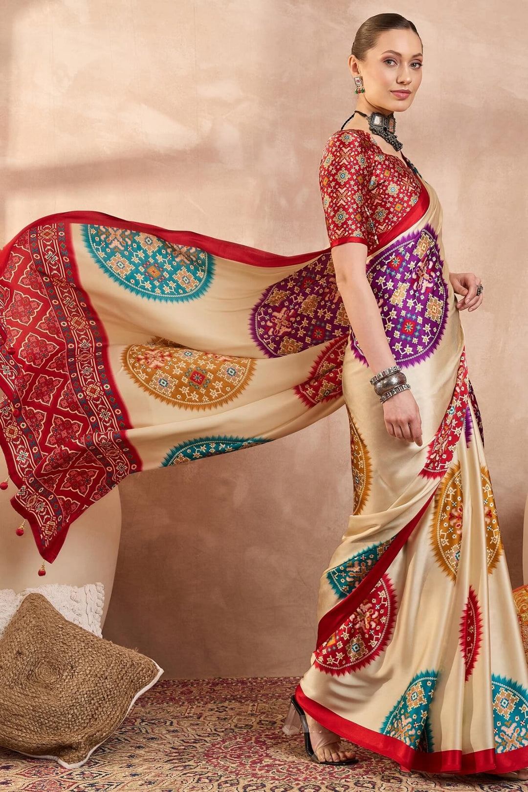 Cashmere Beige Printed Satin Silk Saree