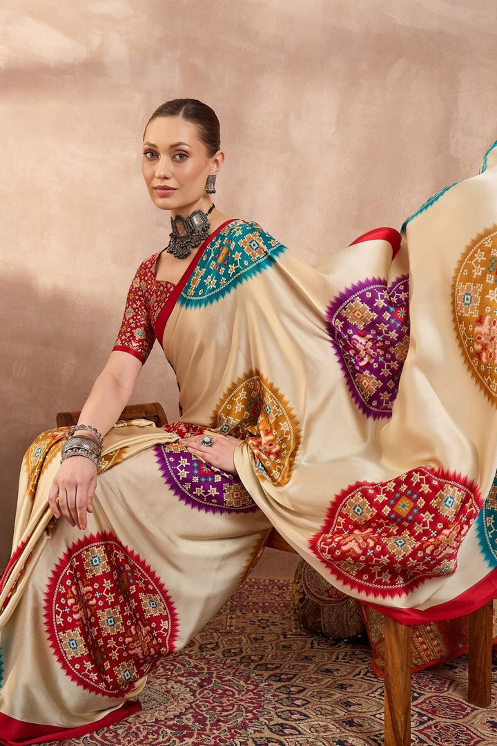 Cashmere Beige Printed Satin Silk Saree
