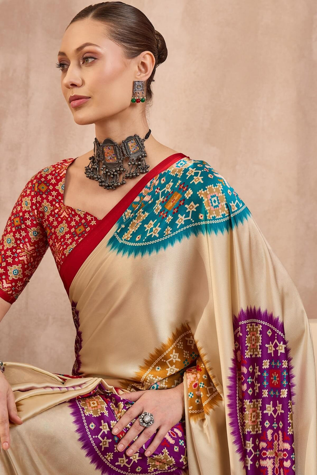 Cashmere Beige Printed Satin Silk Saree