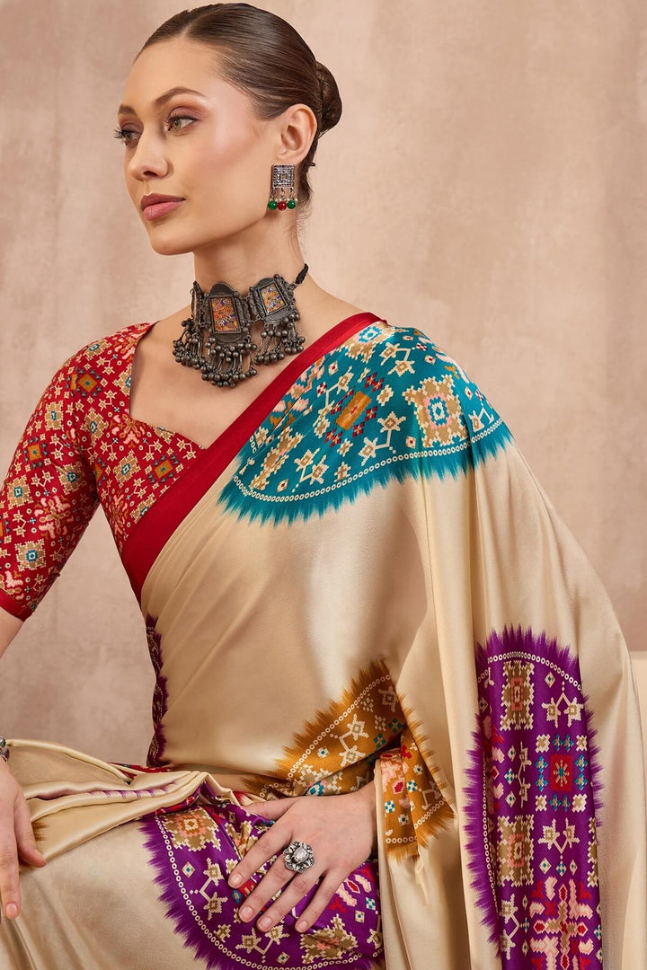 Cashmere Beige Printed Satin Silk Saree