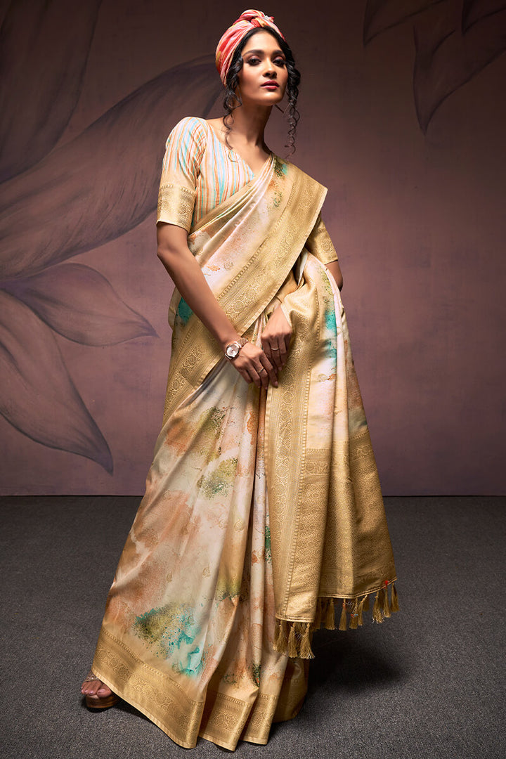 Cashmere Beige Printed Soft Silk Saree