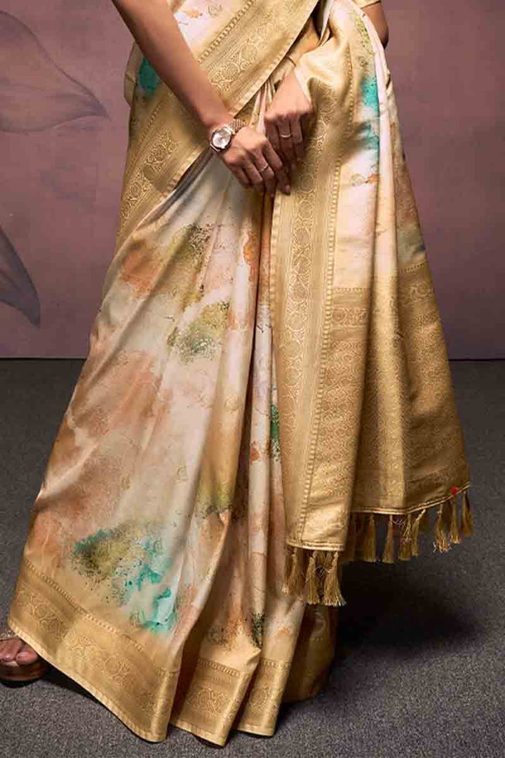 Cashmere Beige Printed Soft Silk Saree