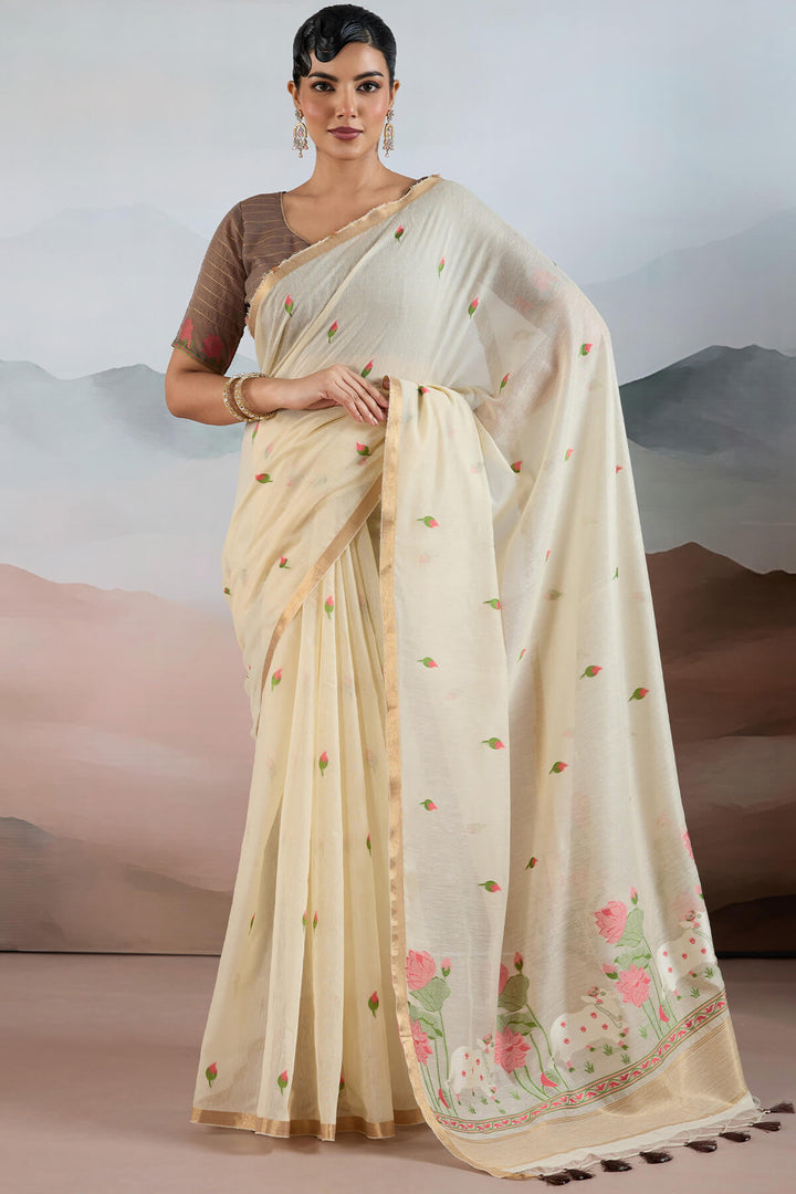 Cashmere Beige Woven Spun Cotton Saree