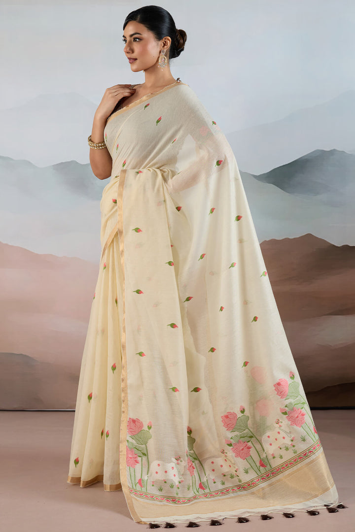 Cashmere Beige Woven Spun Cotton Saree