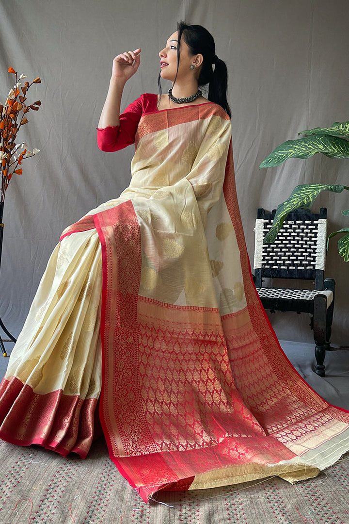 Cashmere Beige Zari Woven Linen Silk Saree