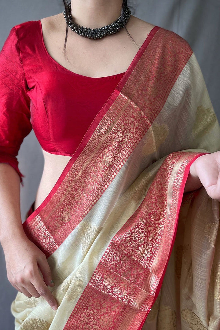 Cashmere Beige Zari Woven Linen Silk Saree