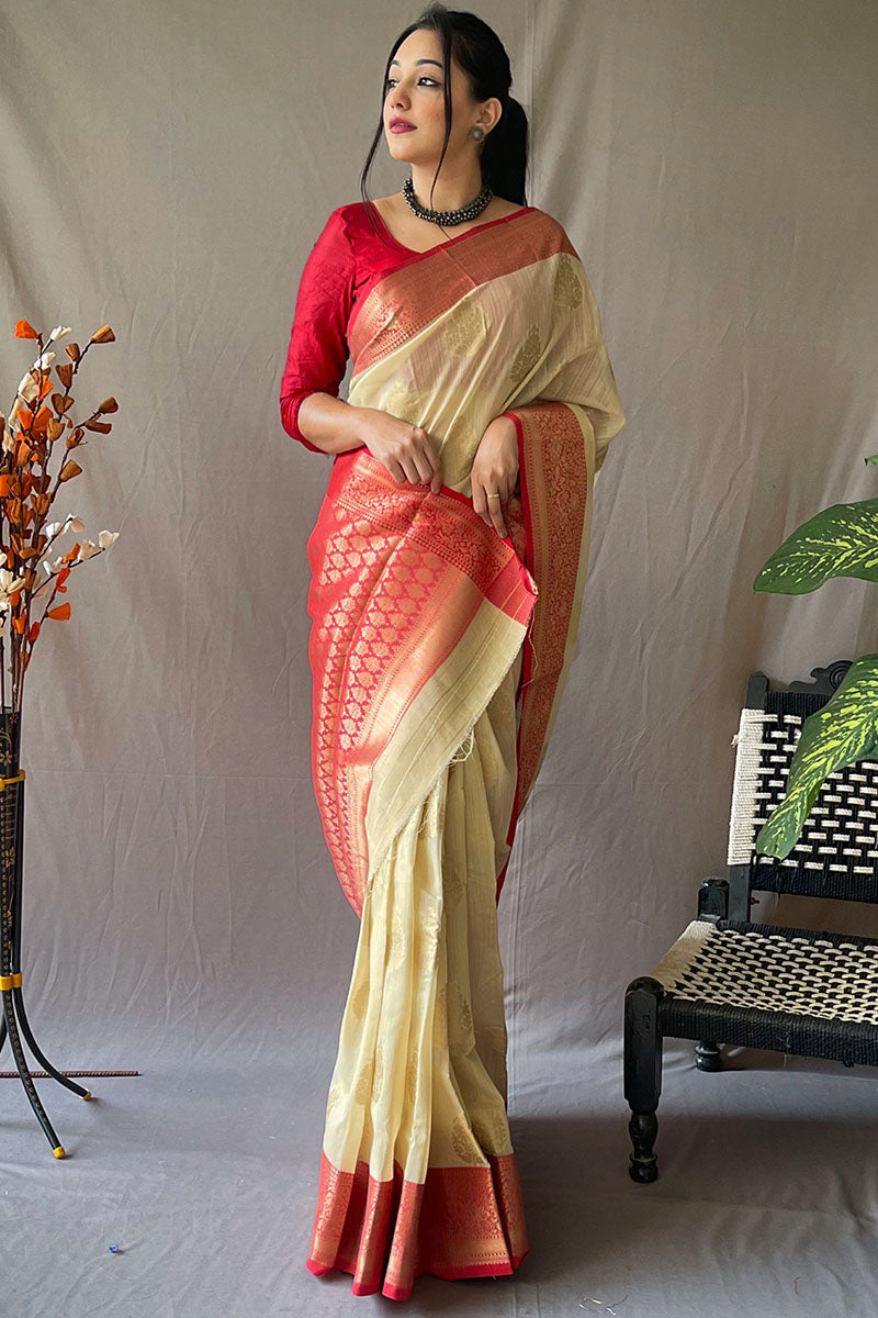 Cashmere Beige Zari Woven Linen Silk Saree