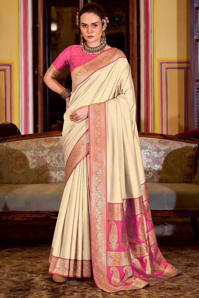 Cashmere Beige Zari Woven Soft Banarasi Silk Saree