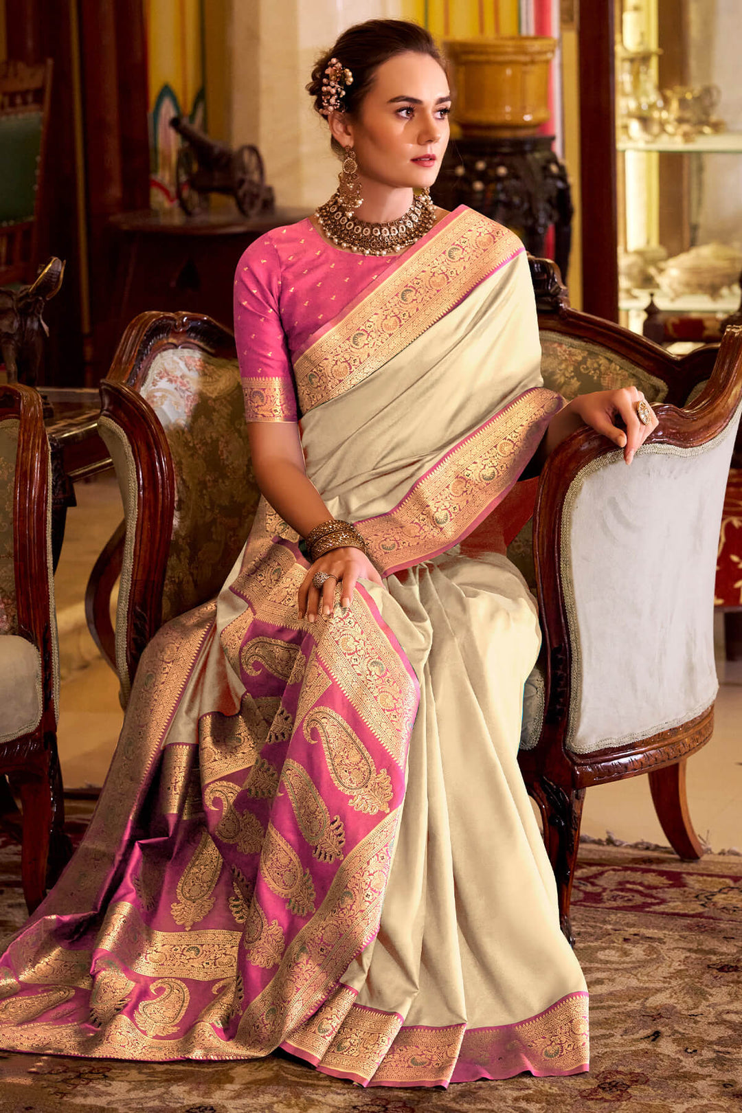 Cashmere Beige Zari Woven Soft Banarasi Silk Saree