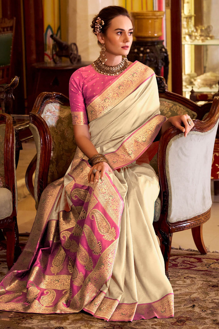 Cashmere Beige Zari Woven Soft Banarasi Silk Saree